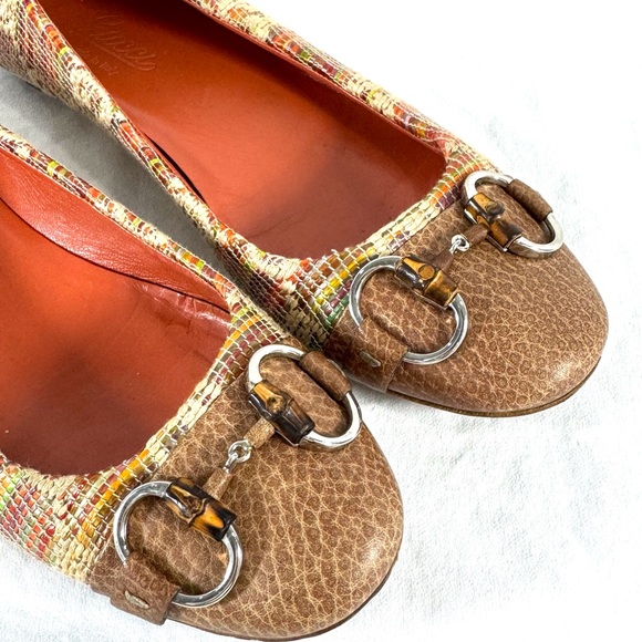 GUCCI Multi Tweed Raffia Tan Leather Cap Toe Horsebit Ballet Flats 38 - 8US - Picture 5 of 10